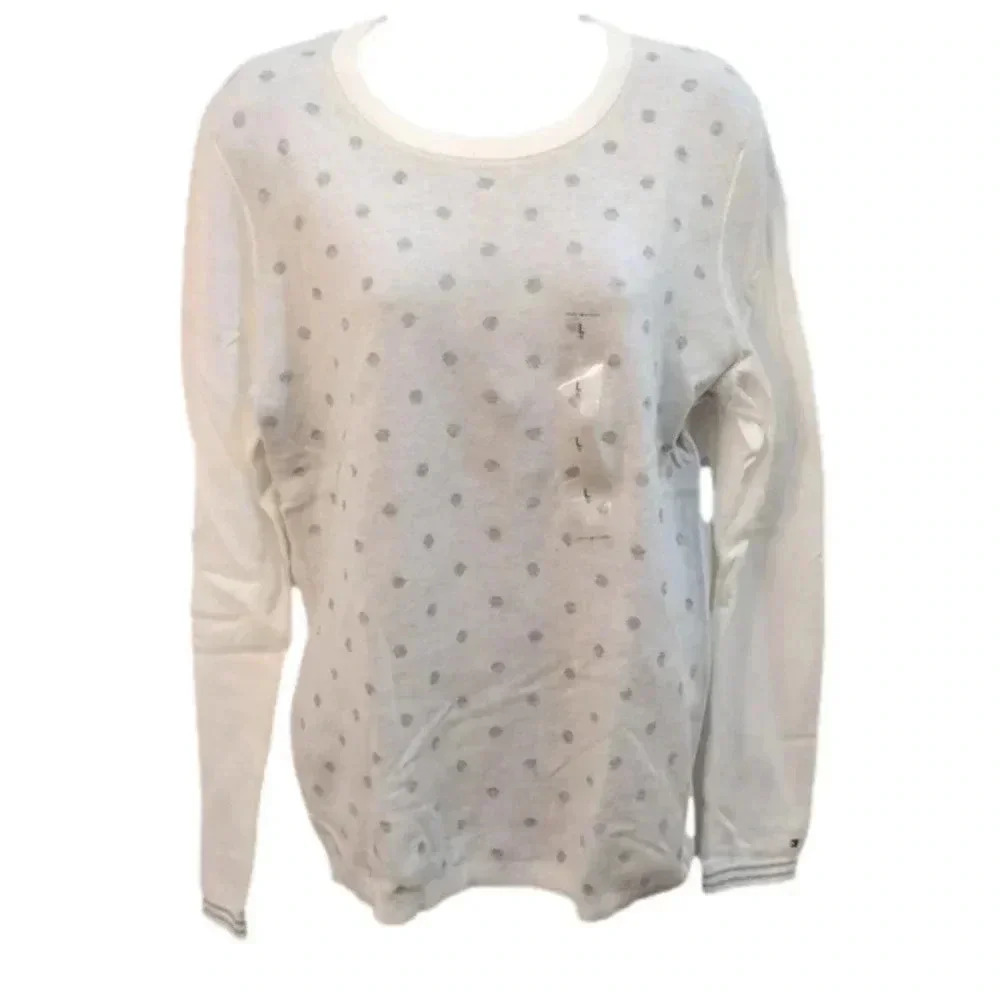 Tommy Hilfiger Women's White Collared Sweatshirt Size Medium Gray Polka Dots